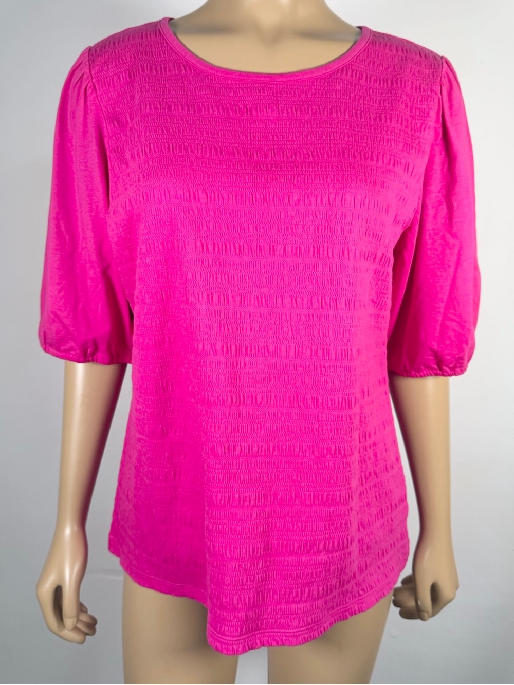 Talbots Women’s NWT Size Large Pink Textured Puff-Sleeve Top Cotton Blend